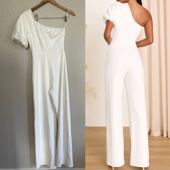 NWOT Cheerful Captivation White One-Shoulder Wide-Leg Jumpsuit - Picture 3 of 8